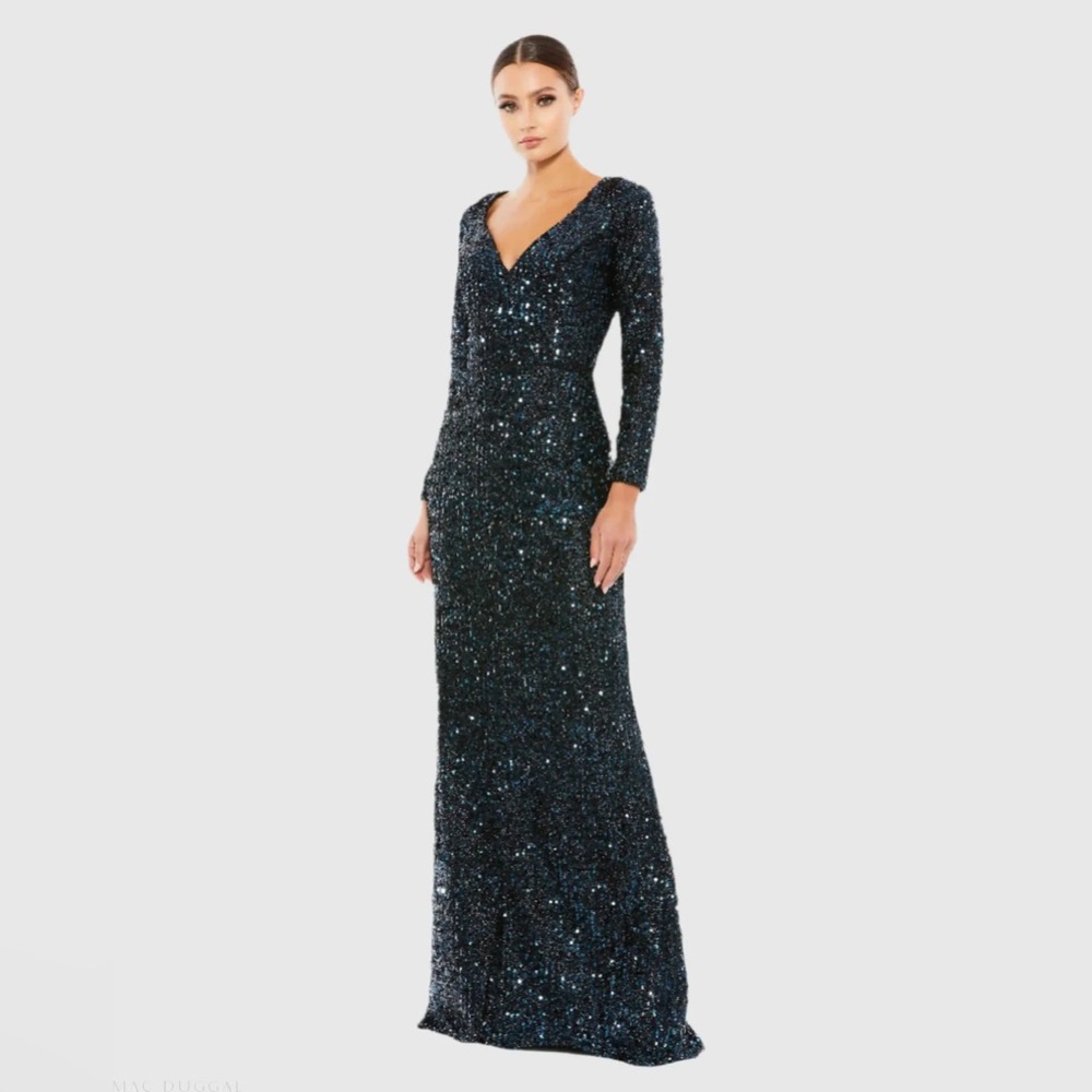Mac Duggal Long Sleeve Sequin Dress in Dark Blue